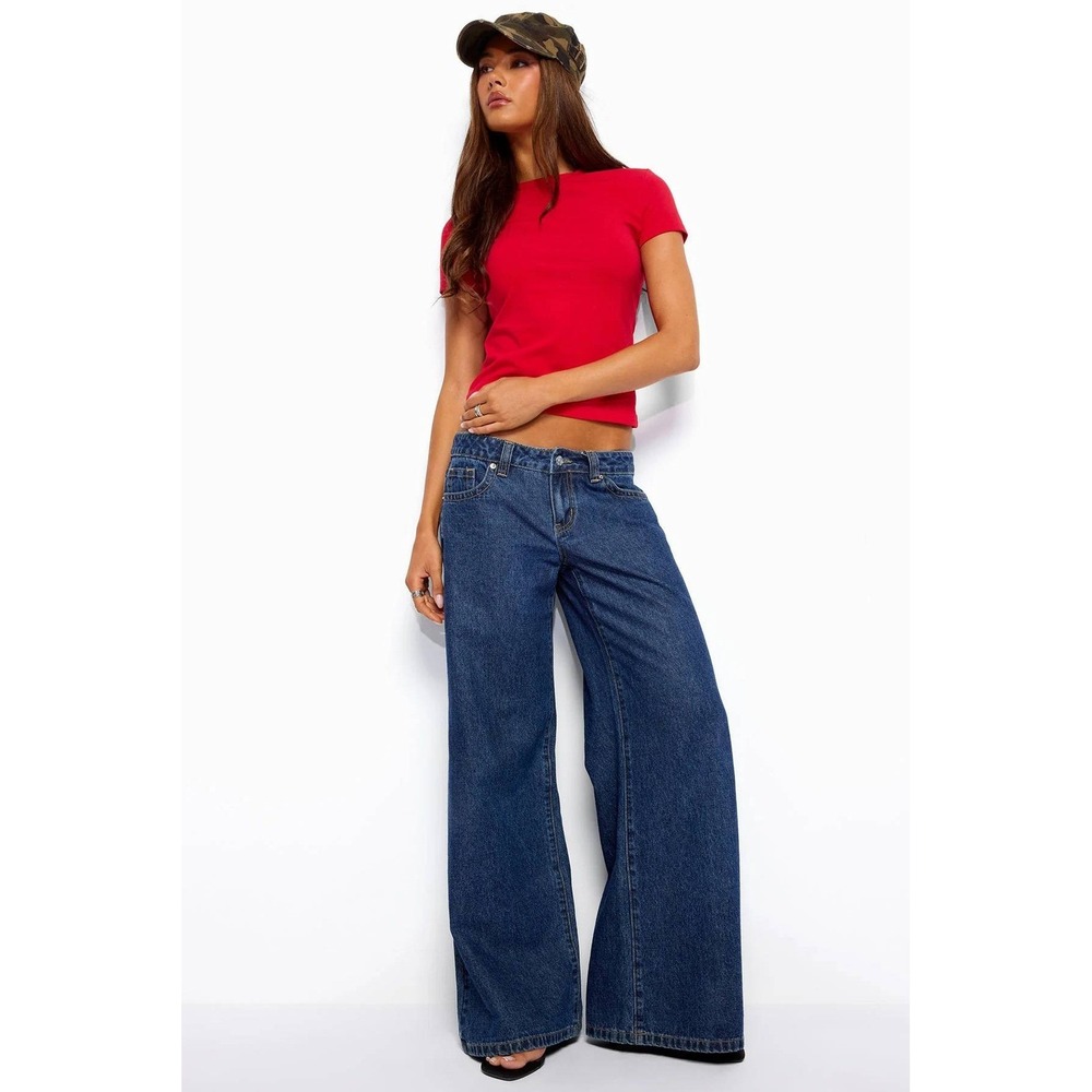 Edikted Raiyne Low Rise Wide Leg Jeans Size L Blue Denim Baggy Y2K Grunge 90s